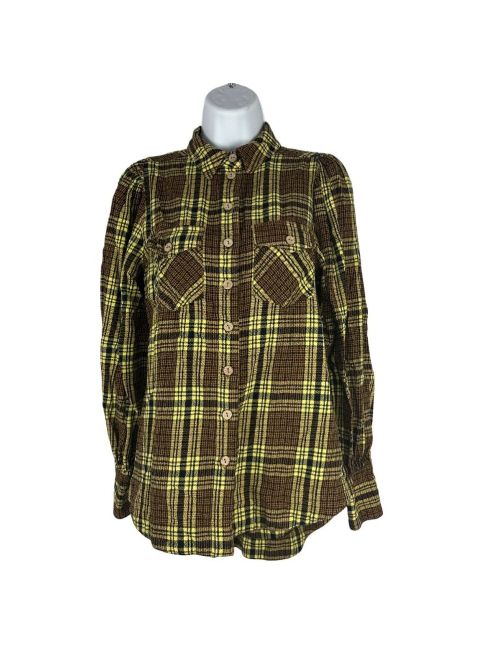 Zenana XS Womens Plaid Button-Up Flannel Shirt Yellow & Brown 100% Cotton Casual